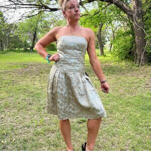 Y2K Jessica McClintock strapless gold blue foil floral pleat skirt prom dress 10